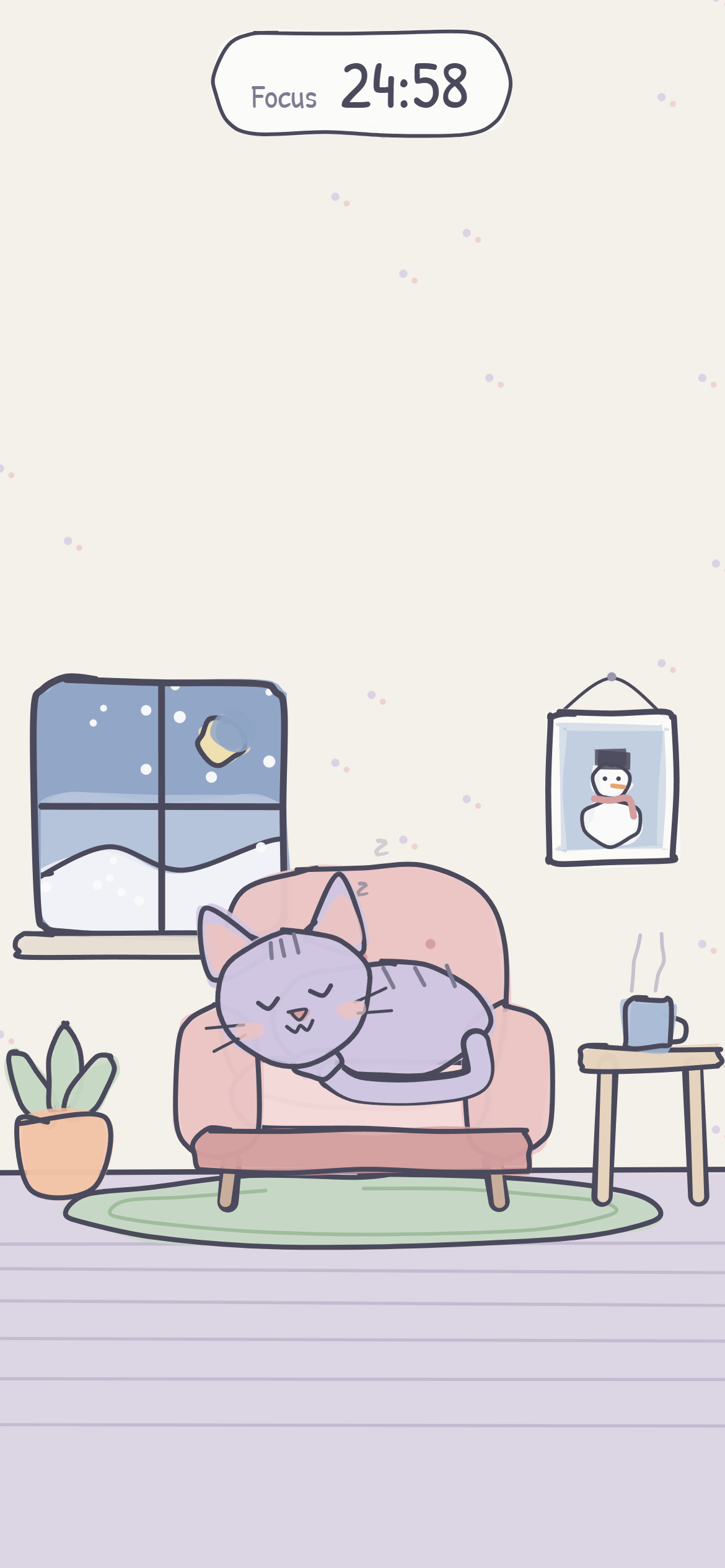 Petodoro during a focus session: the cat curls up asleep on the chair while the timer counts down.