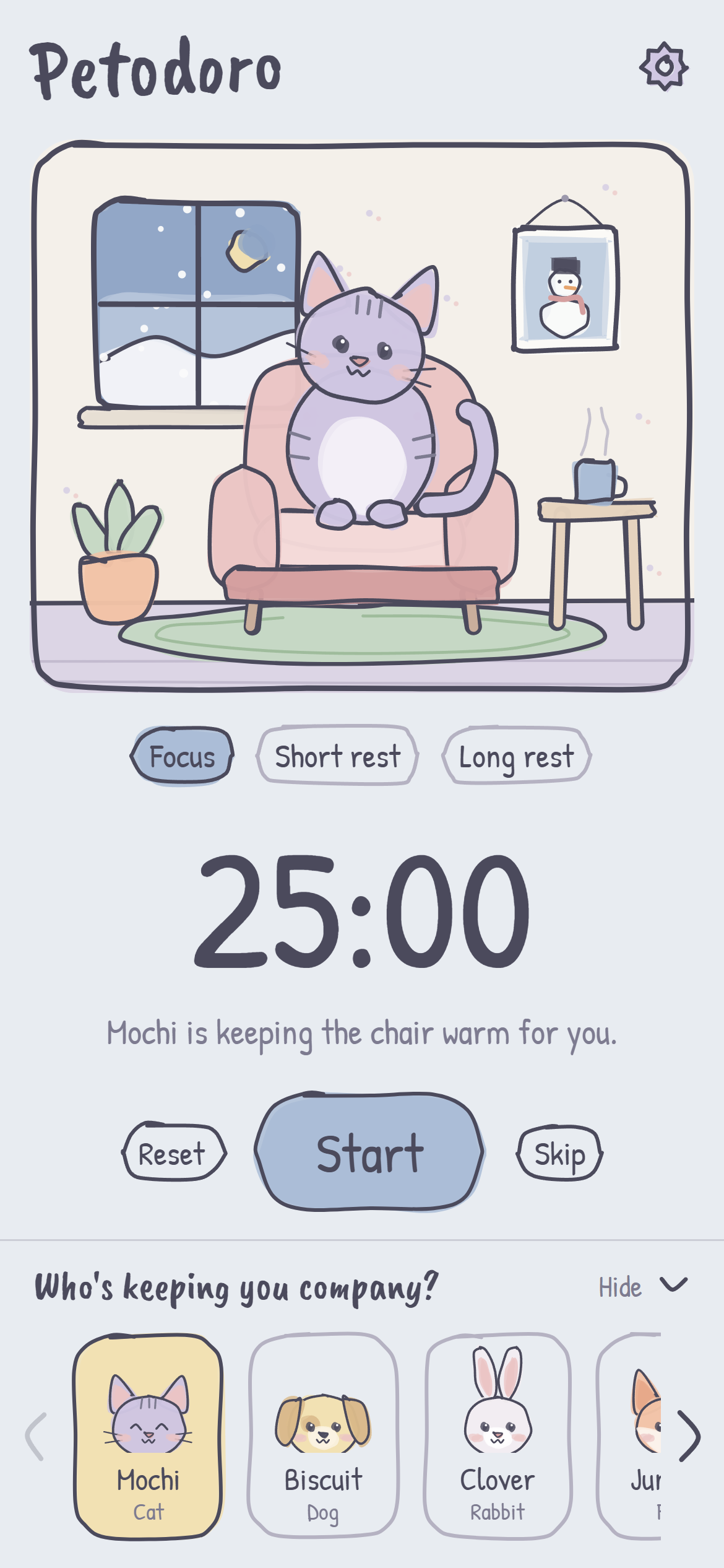 Petodoro's home screen: a lilac cat sits on a pink armchair in a snowy-evening room above a 25:00 focus timer.